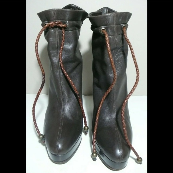 O L'AUTRE CHOSE Brown Leather Platform Heels Pull On Booties 37.5 - Picture 4 of 14